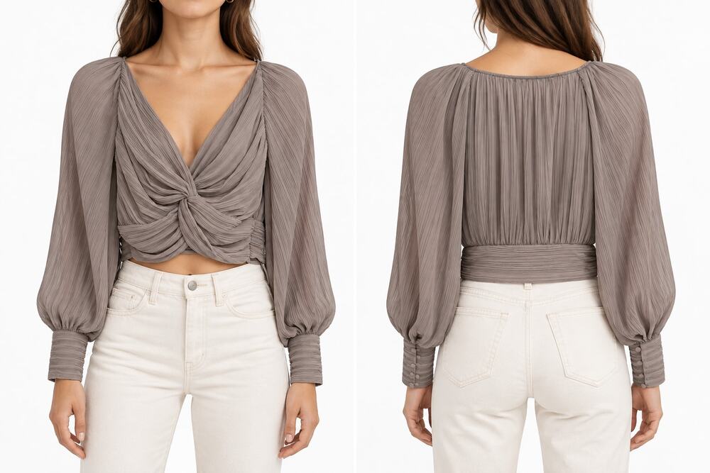 Zara Women's Taupe Pleated Deep V-Neck Wrap Blouse Long Sleeve Size S Side Zip